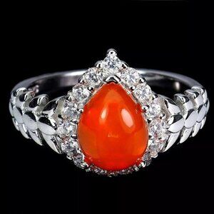 Natural Orange Opal & Cz 925 Sterling Silver Jewelry Ring Sz 6.5